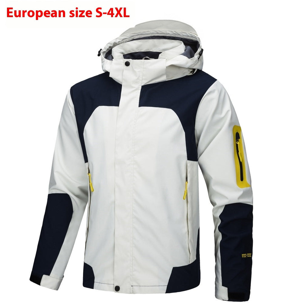 Sea Dragon Dreams men's lightweight waterproof hooded shell jacket in white and navy with yellow zipper accents.