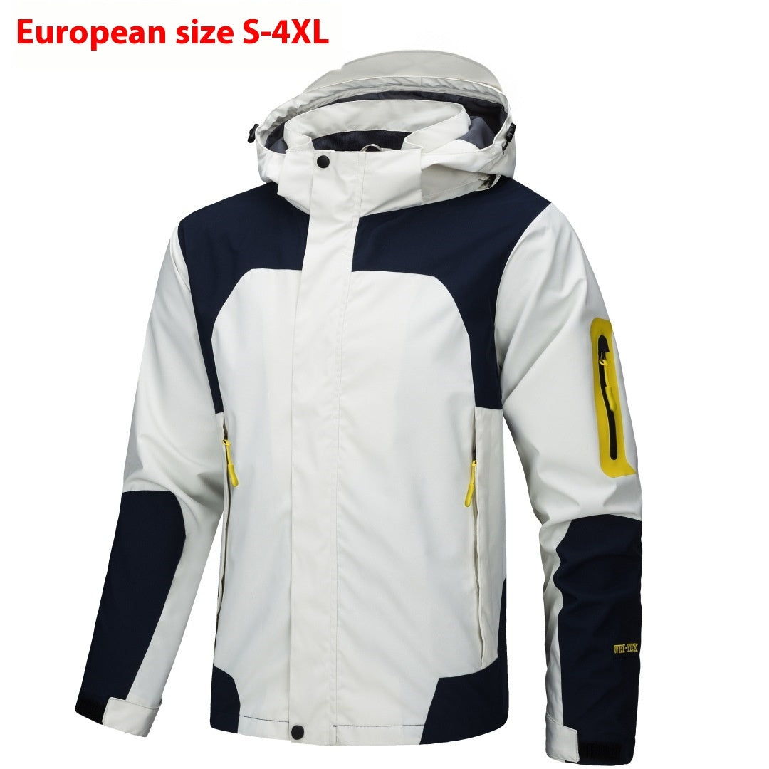 Sea Dragon Dreams men's lightweight waterproof hooded shell jacket in white and navy with yellow zipper accents.