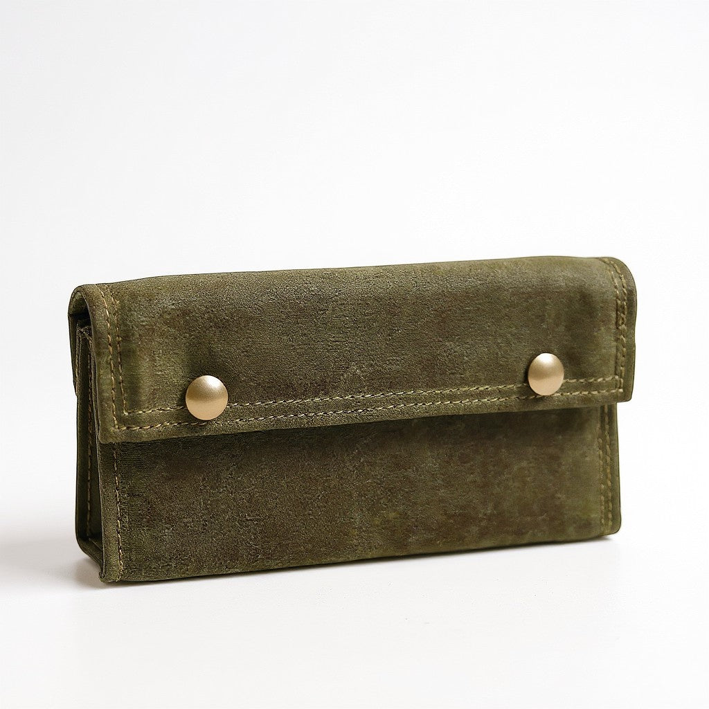 Sea Dragon Dreams olive green waxed canvas fly fishing wallet with brass snap closures, handmade in Maine.