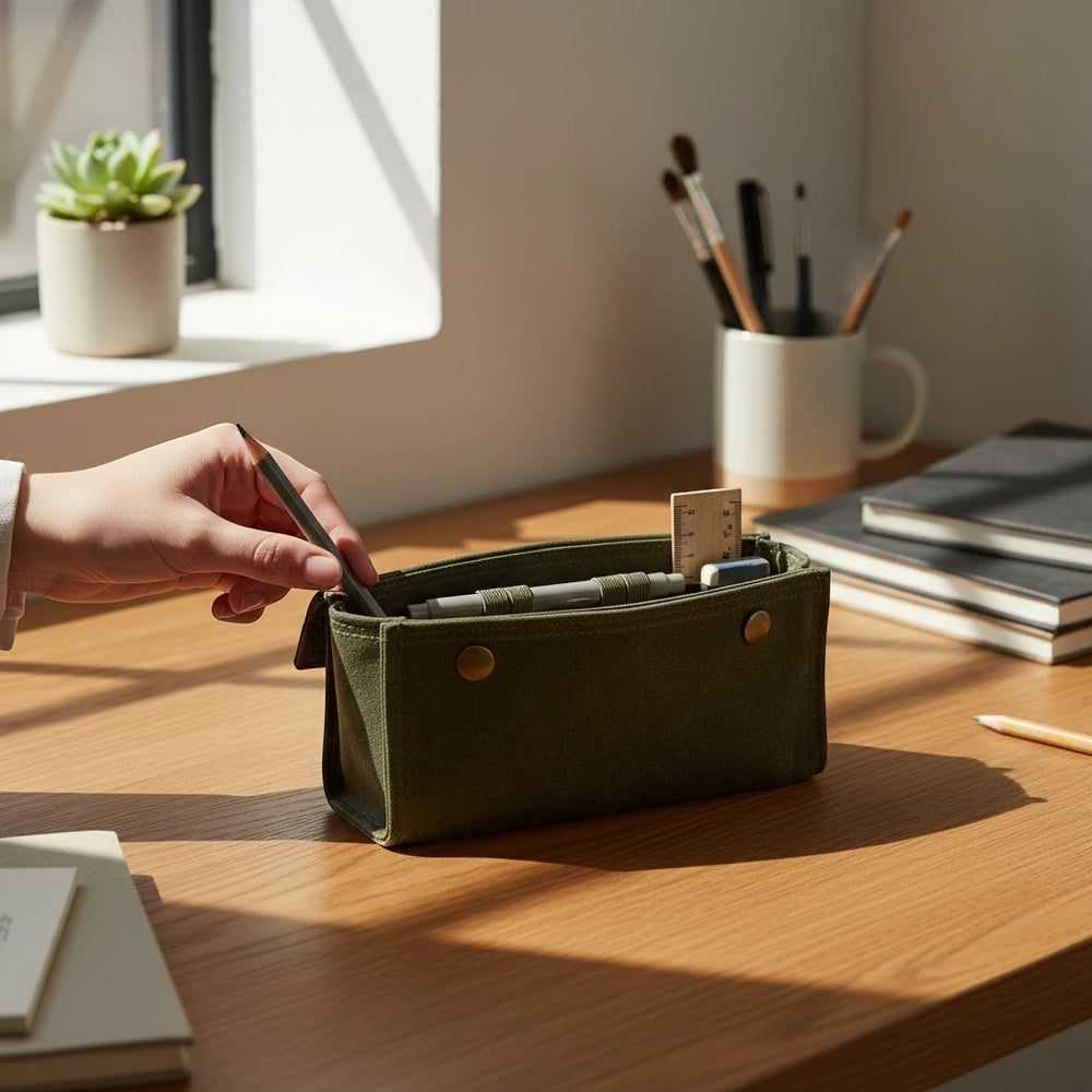 Sea Dragon Dreams olive green waxed canvas fly fishing wallet with brass snap closure on a wooden desk