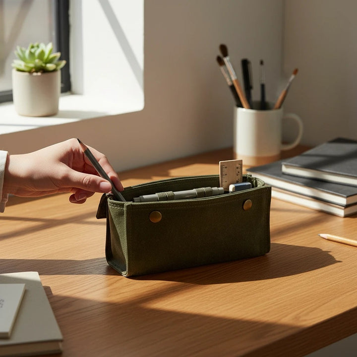 Sea Dragon Dreams olive green waxed canvas fly fishing wallet with brass snap closure on a wooden desk