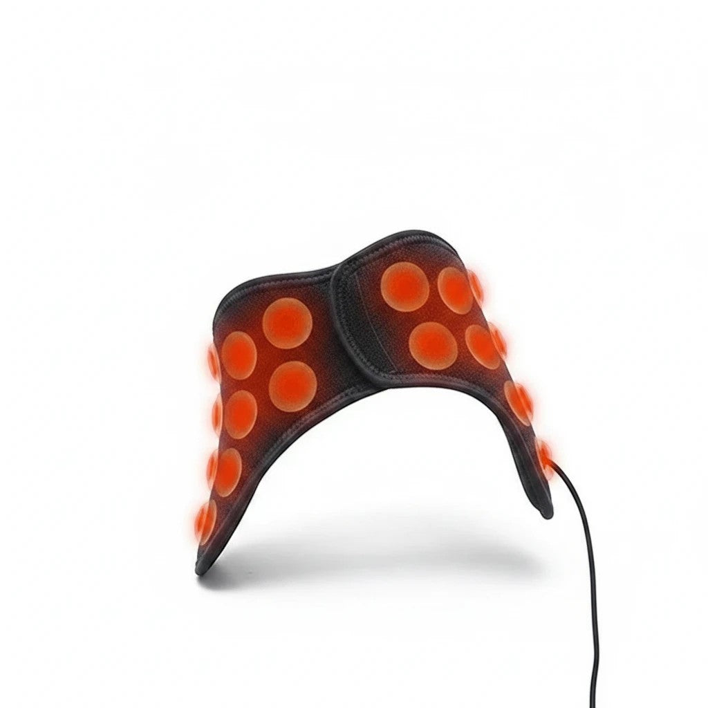 Sea Dragon Dreams wearable far infrared neck heating pad with glowing orange heat points on a black wrap