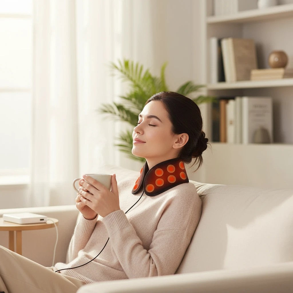 Sea Dragon Dreams wearable far infrared neck heating pad on a woman relaxing on a sofa with a warm cup of tea