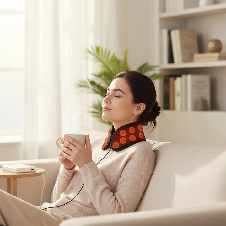 Sea Dragon Dreams wearable far infrared neck heating pad on a woman relaxing on a sofa with a warm cup of tea