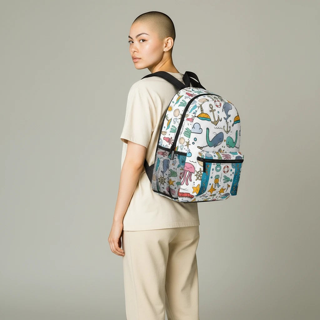 Sea Dragon Dreams whale print polyester backpack worn by a model in a beige outfit against a neutral background.