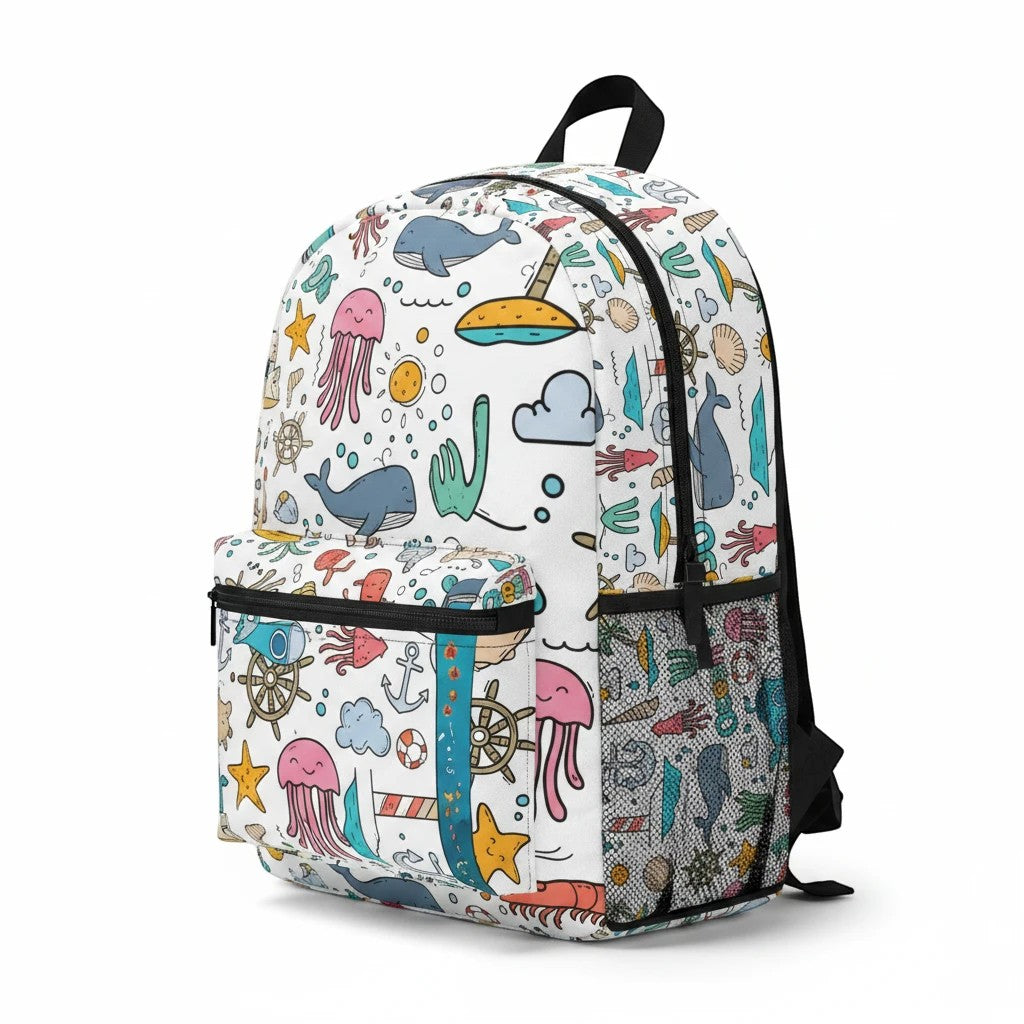 Sea Dragon Dreams polyester backpack featuring a whimsical white ocean print with whales, jellyfish, and anchors.