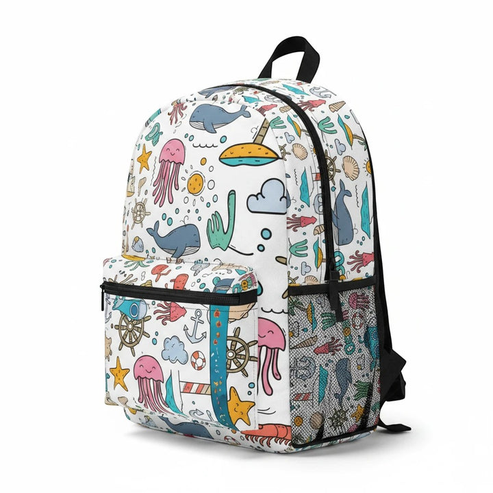 Sea Dragon Dreams polyester backpack featuring a whimsical white ocean print with whales, jellyfish, and anchors.