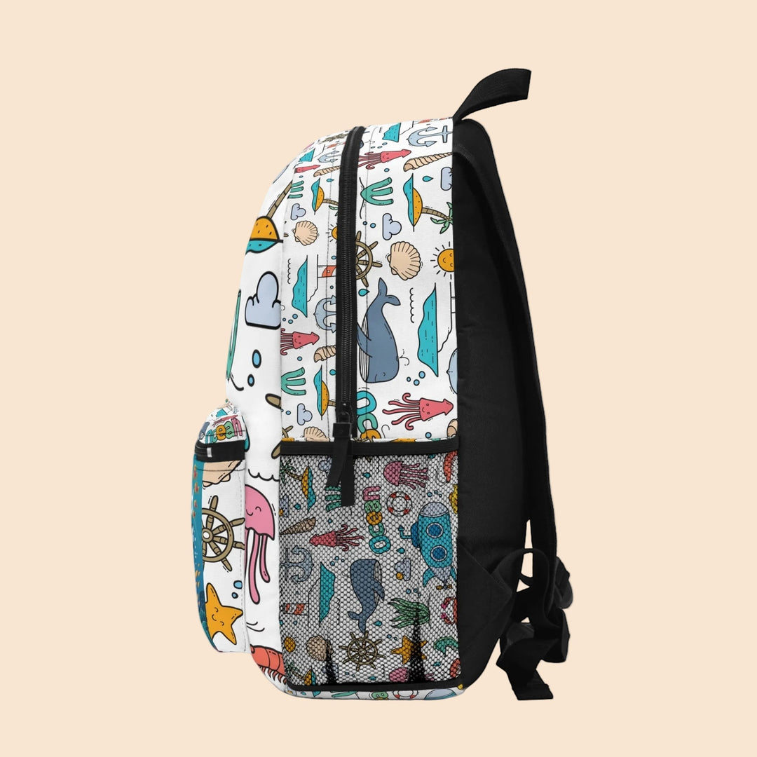 Sea Dragon Dreams whale print polyester backpack with side mesh pocket, shown from a side profile view.
