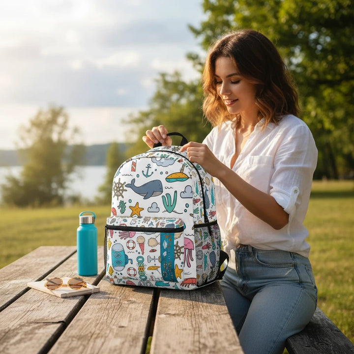 Sea Dragon Dreams whale print polyester backpack on a wooden picnic table with a woman outdoors