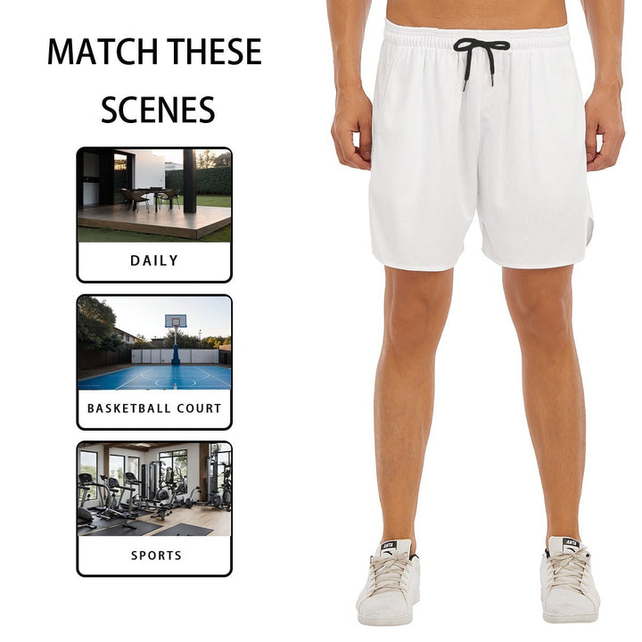 Sea Dragon Dreams men's white athletic shorts with a black drawstring, featuring a side split for active wear.
