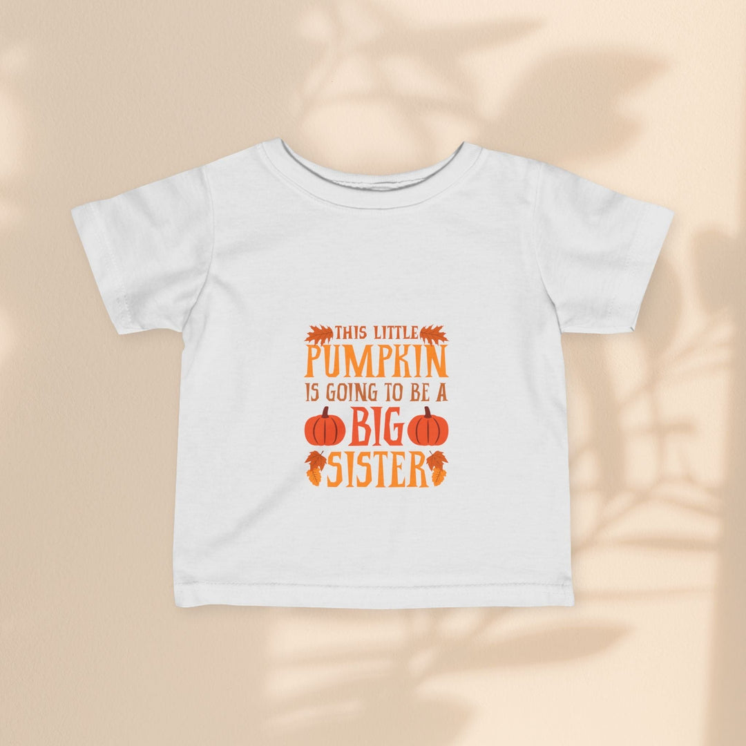 Sea Dragon Dreams white infant cotton t-shirt with Big Sister Pumpkin graphic for fall announcements.