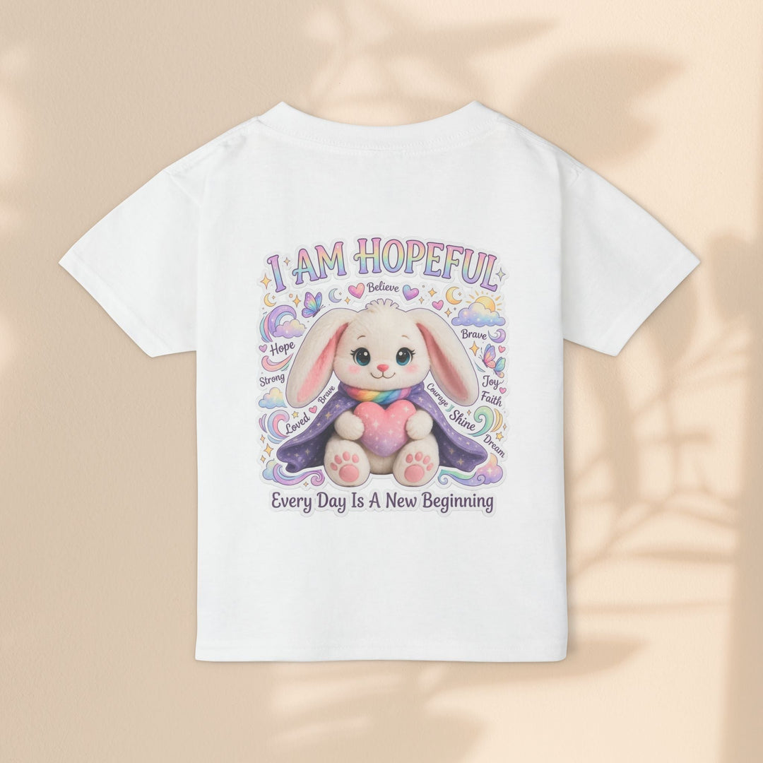 Sea Dragon Dreams white cotton toddler t-shirt featuring a cute bunny illustration with hopeful affirmations
