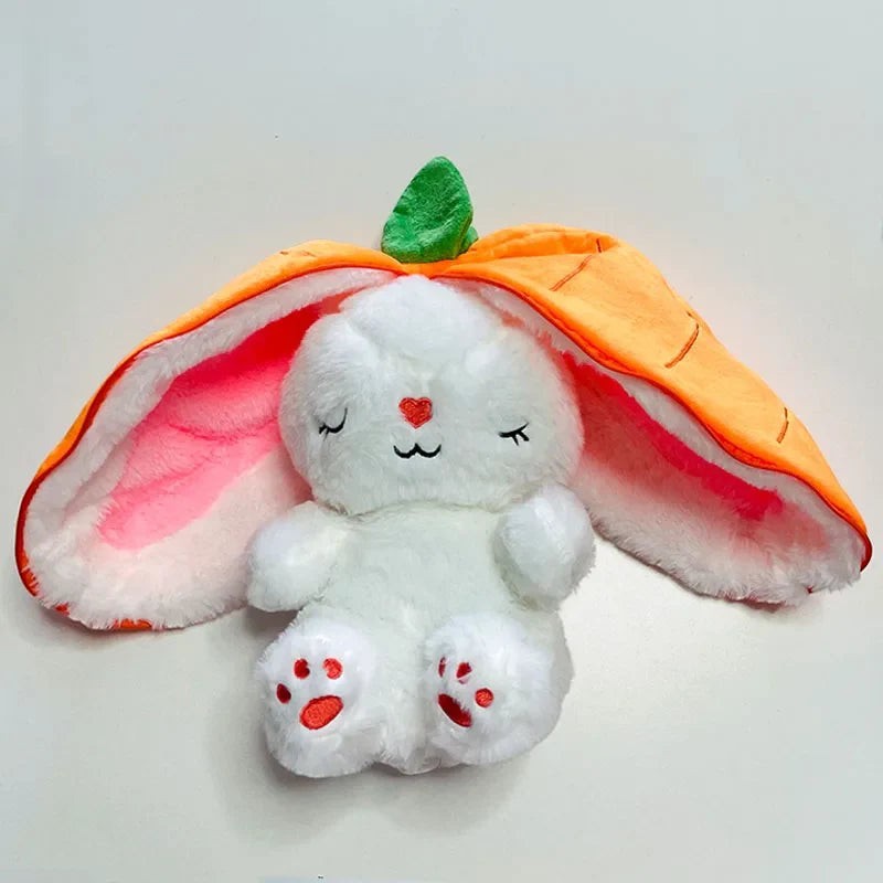 Sea Dragon Dreams white plush bunny doll with long orange carrot-shaped ears and embroidered heart nose