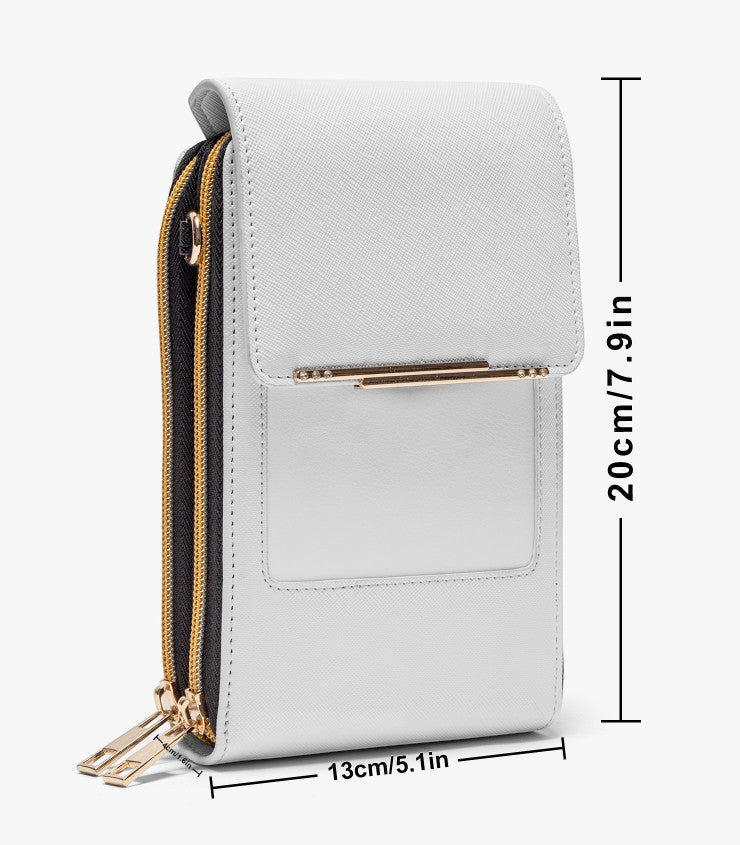 Sea Dragon Dreams white PU leather crossbody chest bag with gold hardware and dimensions shown on a white background.