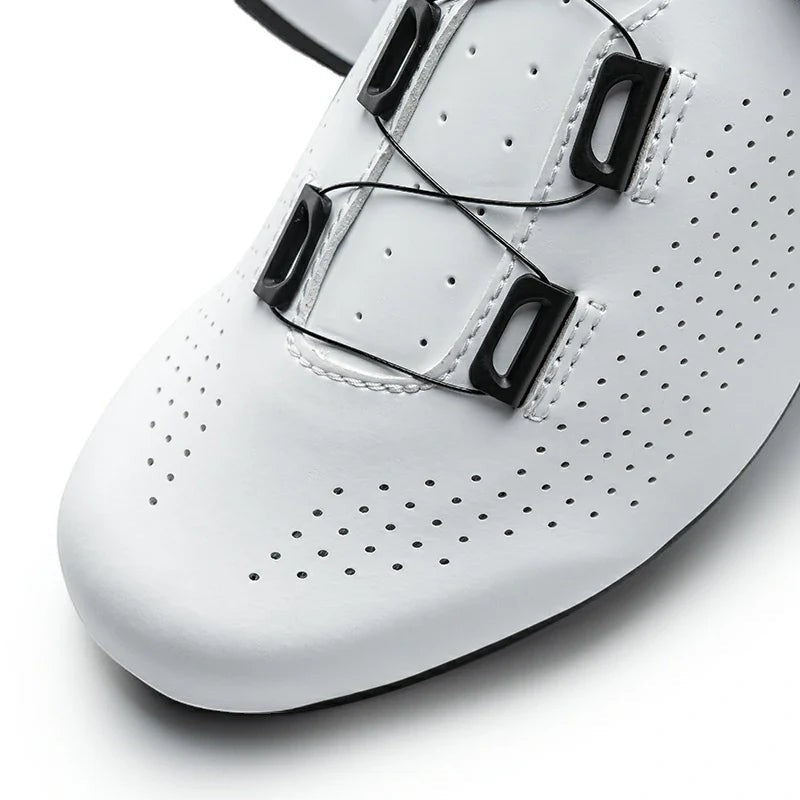 Sea Dragon Dreams ROCKBROS CR4 white cycling shoe with perforated microfiber upper and ETIE lock knob closure system.