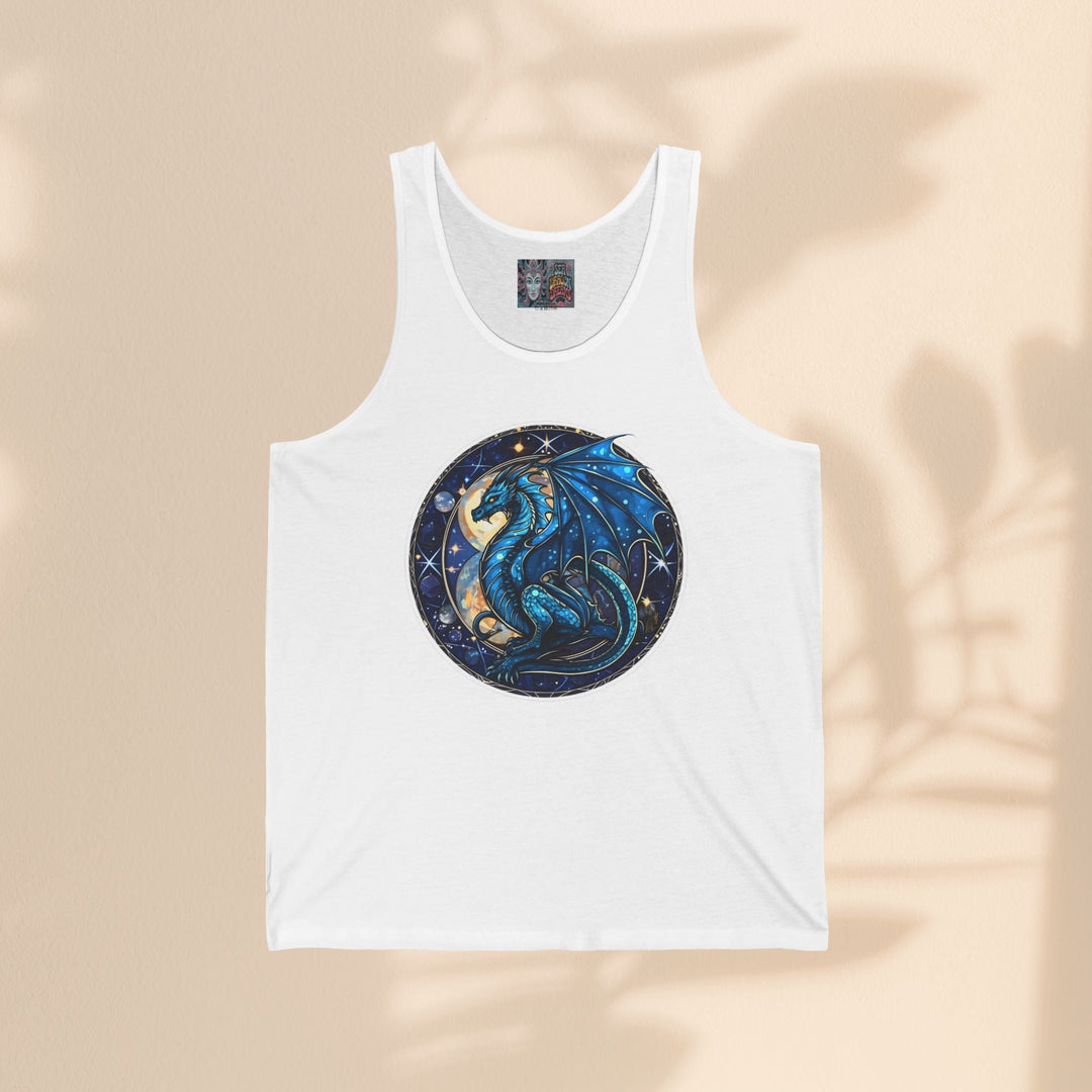 Sea Dragon Dreams white unisex jersey tank top featuring a circular blue dragon graphic with moon and stars