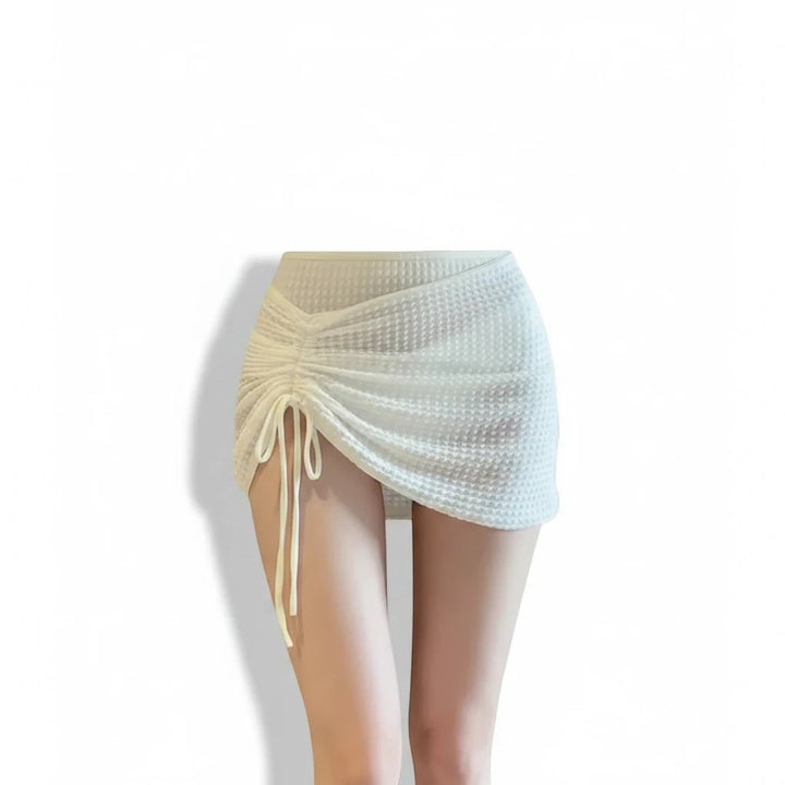 Sea Dragon Dreams white textured drawstring mini skirt with side ruching for a beach bikini set