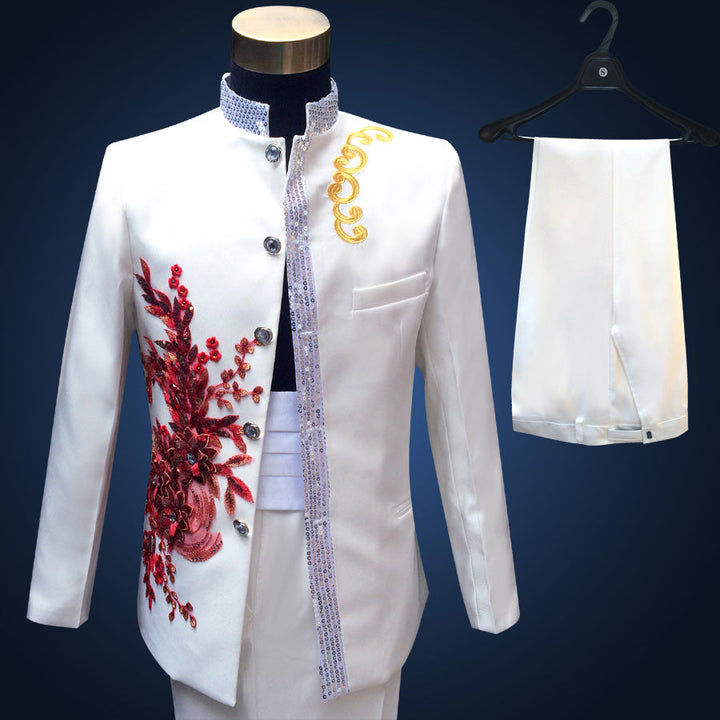 Sea Dragon Dreams white tuxedo suit with red floral embroidery, sequin trim, and matching trousers for formal events.