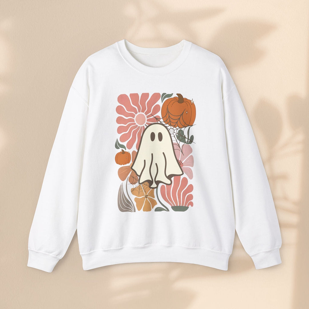 Sea Dragon Dreams white crewneck sweatshirt featuring a retro ghost, pumpkin, and floral graphic design.