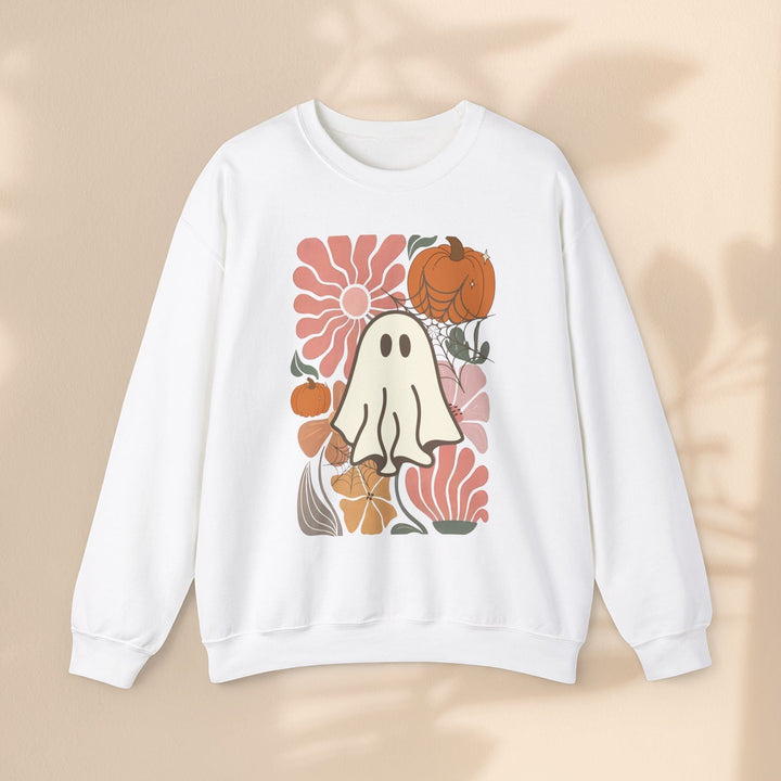 Sea Dragon Dreams white crewneck sweatshirt featuring a retro ghost, pumpkin, and floral graphic design.