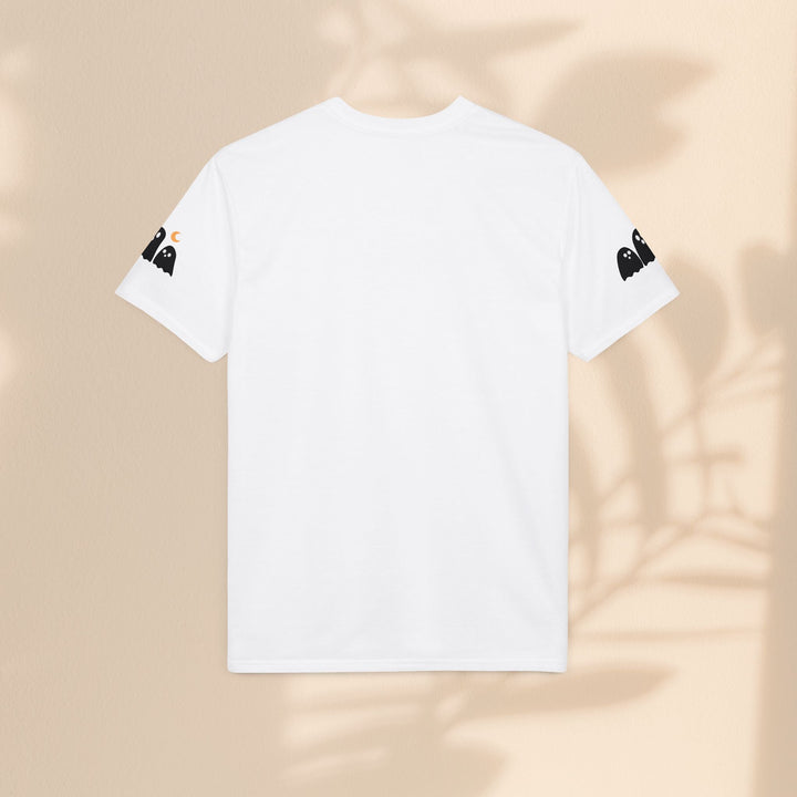 Sea Dragon Dreams white polyester t-shirt with small ghost graphics on the sleeves, shown from the back.