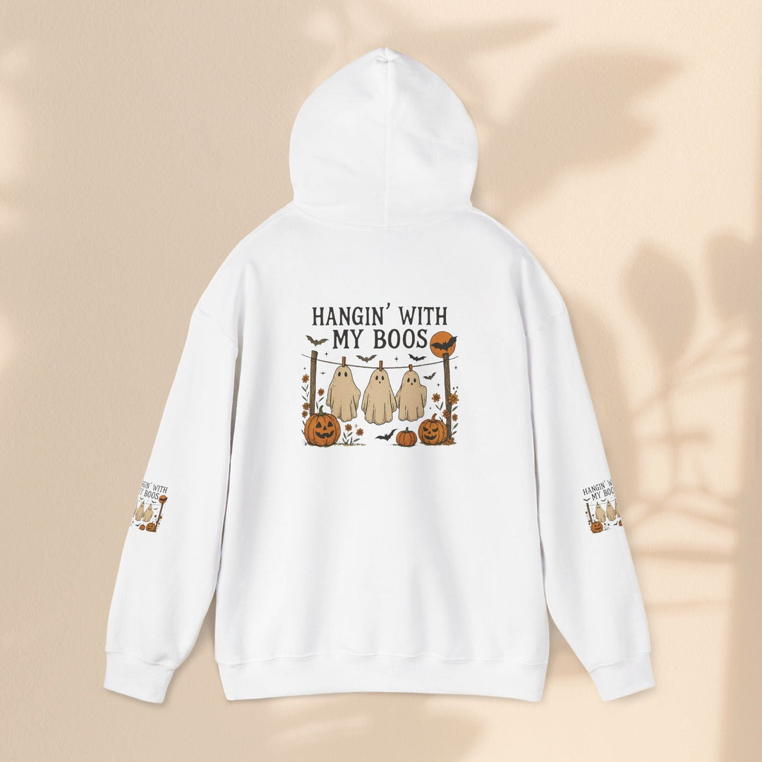 Sea Dragon Dreams white hooded sweatshirt with a Hanging With My Boos ghost and pumpkin Halloween graphic on the back.