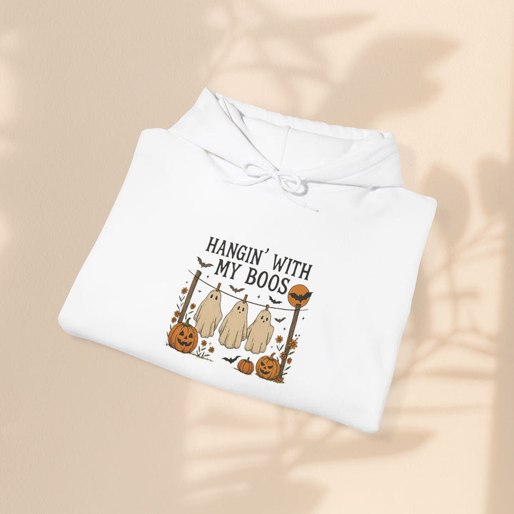 Sea Dragon Dreams white hooded sweatshirt with a Hanging With My Boos ghost and pumpkin Halloween graphic print.