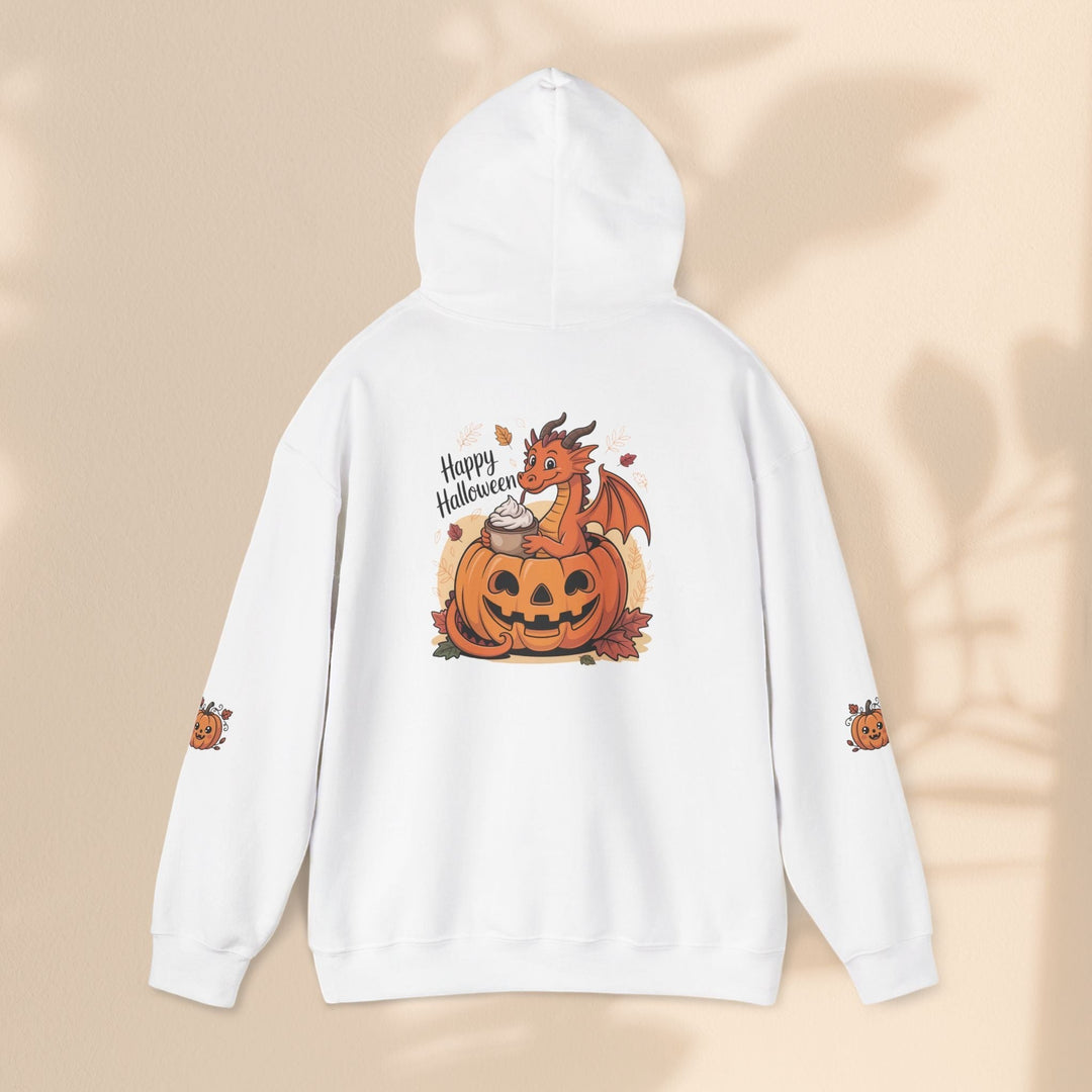 Sea Dragon Dreams white hoodie featuring a playful dragon in a pumpkin graphic on the back and small pumpkin sleeves.