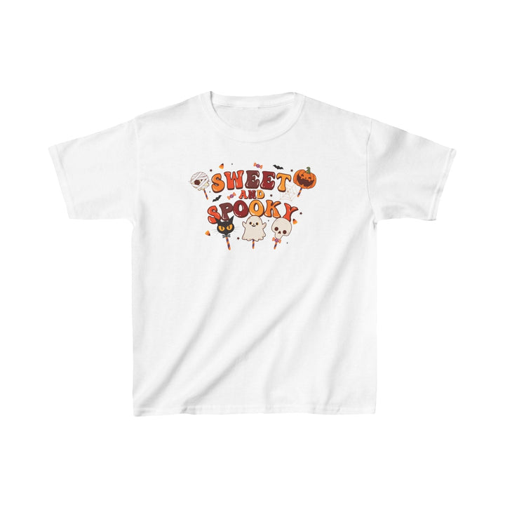 Sea Dragon Dreams white kids cotton t-shirt featuring a Sweet and Spooky Halloween graphic with ghosts and pumpkins.