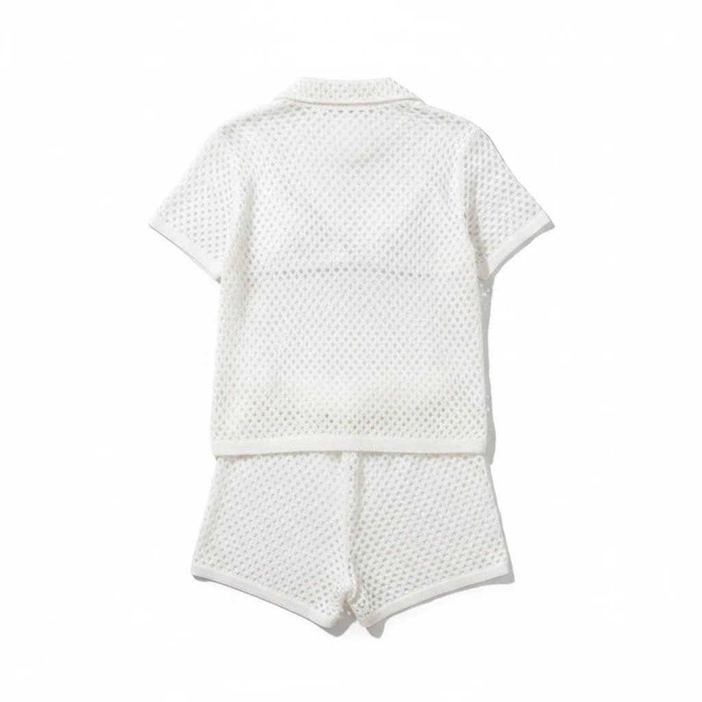 Sea Dragon Dreams white hollow-out knit two-piece beach cover-up set with short-sleeve cardigan and matching shorts