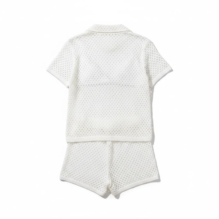 Sea Dragon Dreams white hollow-out knit two-piece beach cover-up set with short-sleeve cardigan and matching shorts