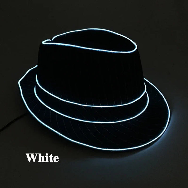 Sea Dragon Dreams black fedora hat with glowing white LED trim for parties and raves