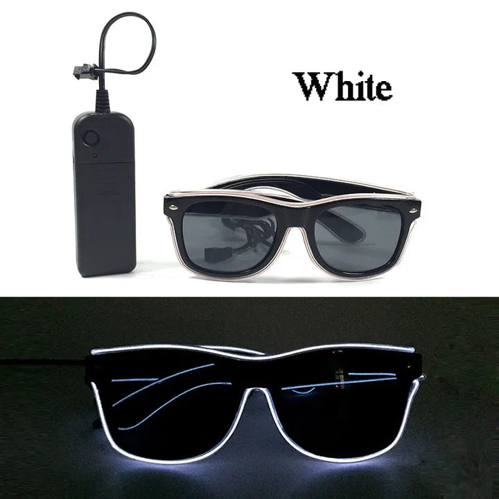 Sea Dragon Dreams white LED light-up party sunglasses with a wired battery pack for raves and festivals