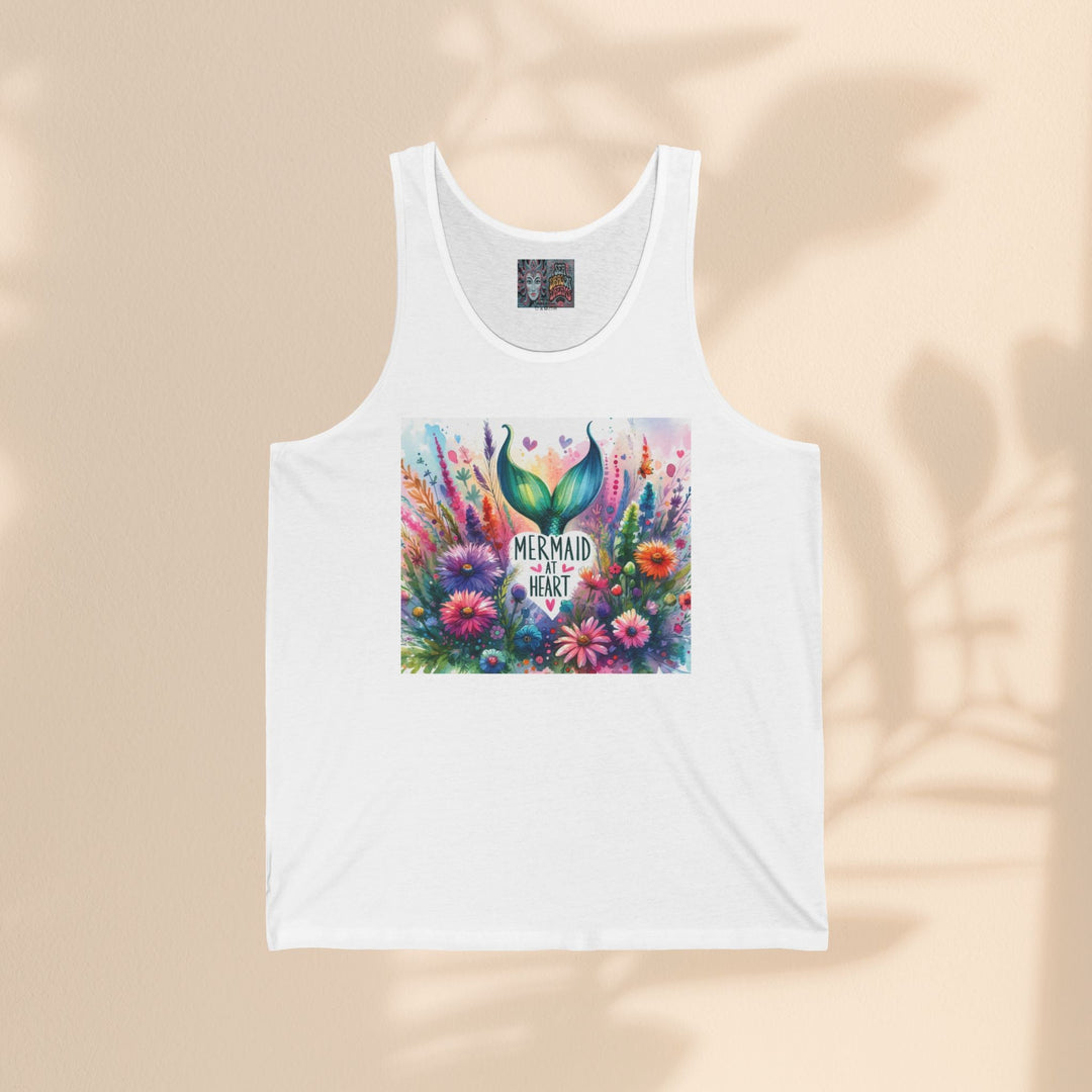Sea Dragon Dreams white cotton unisex jersey tank top featuring a colorful floral mermaid tail graphic print.