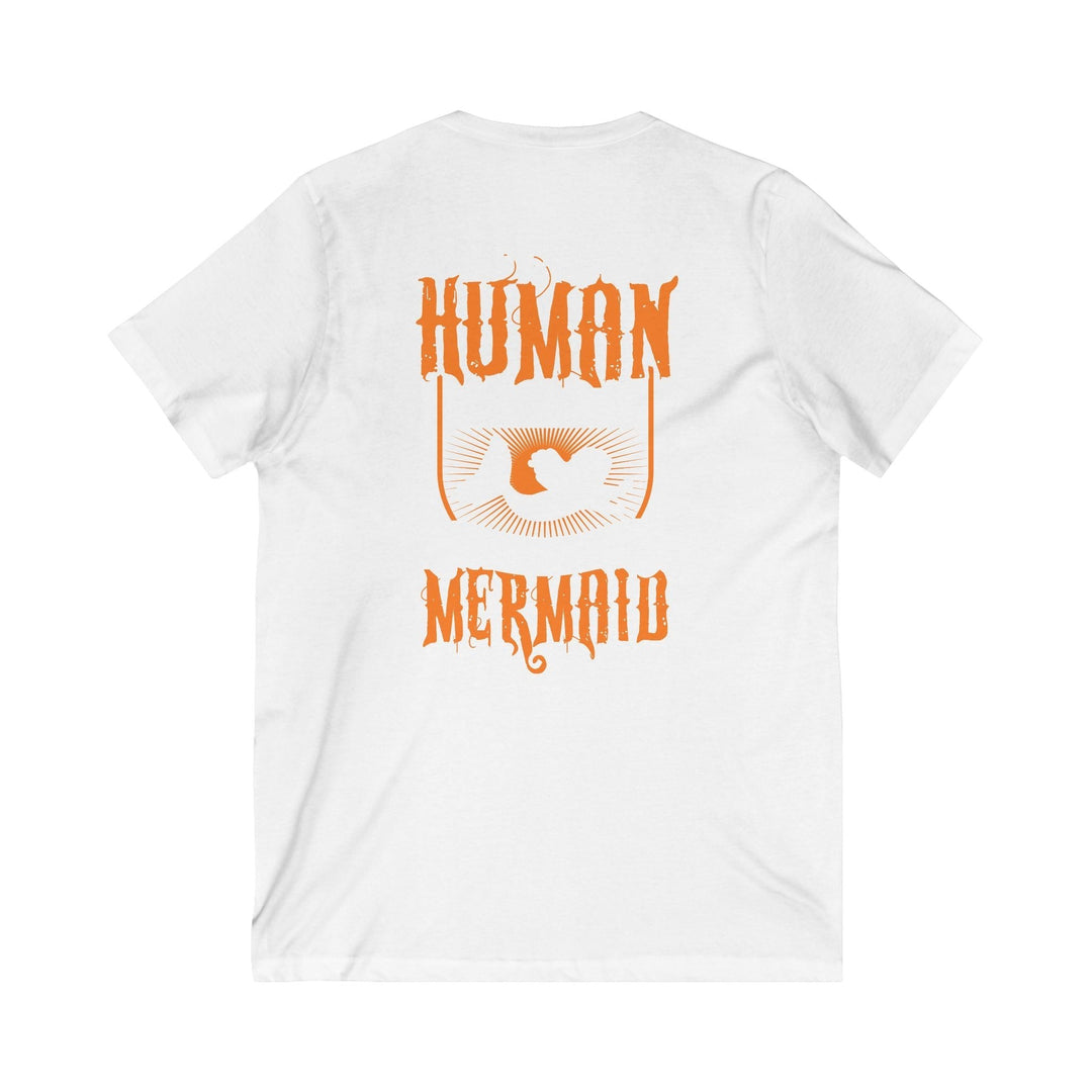 Sea Dragon Dreams unisex white V-neck tee featuring an orange Human Mermaid graphic on the back.