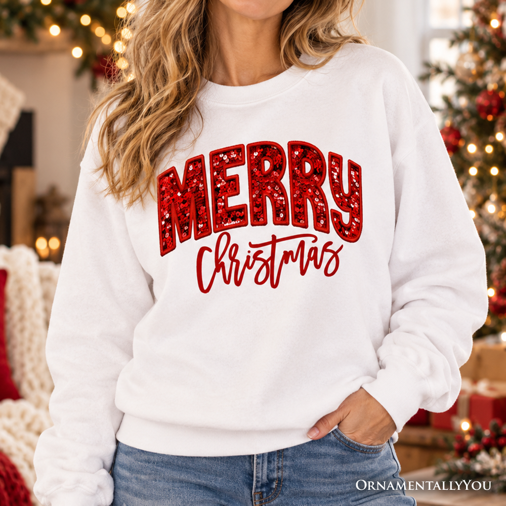 Sea Dragon Dreams white crewneck sweatshirt with Merry Christmas in red sequin-style lettering for holiday wear