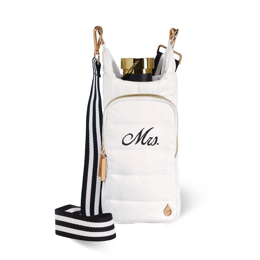 Sea Dragon Dreams white quilted HydroBag water bottle carrier with Mrs embroidery and black and white striped strap