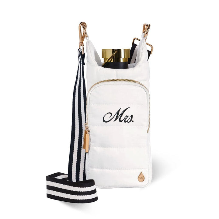 Sea Dragon Dreams white quilted HydroBag water bottle carrier with Mrs embroidery and black and white striped strap