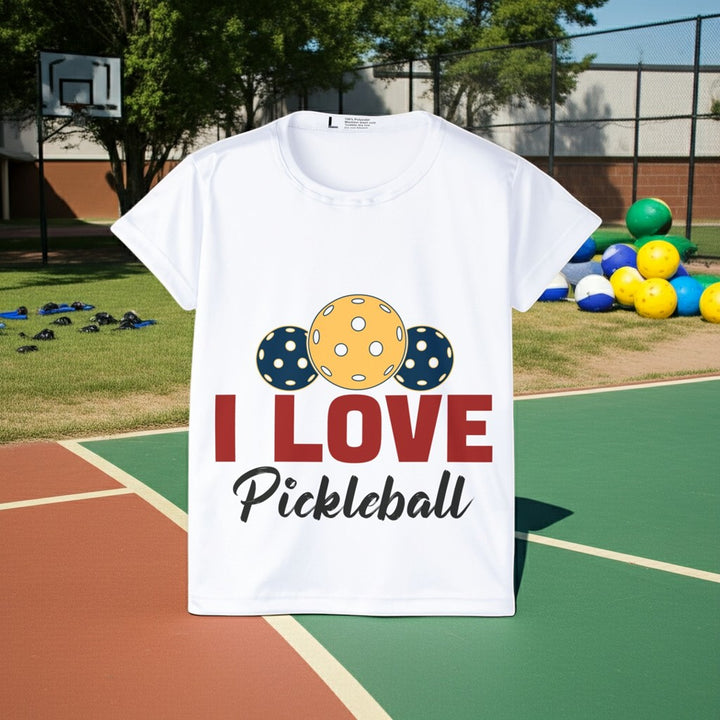 Sea Dragon Dreams white moisture-wicking polyester pickleball jersey with I Love Pickleball graphic on a court.