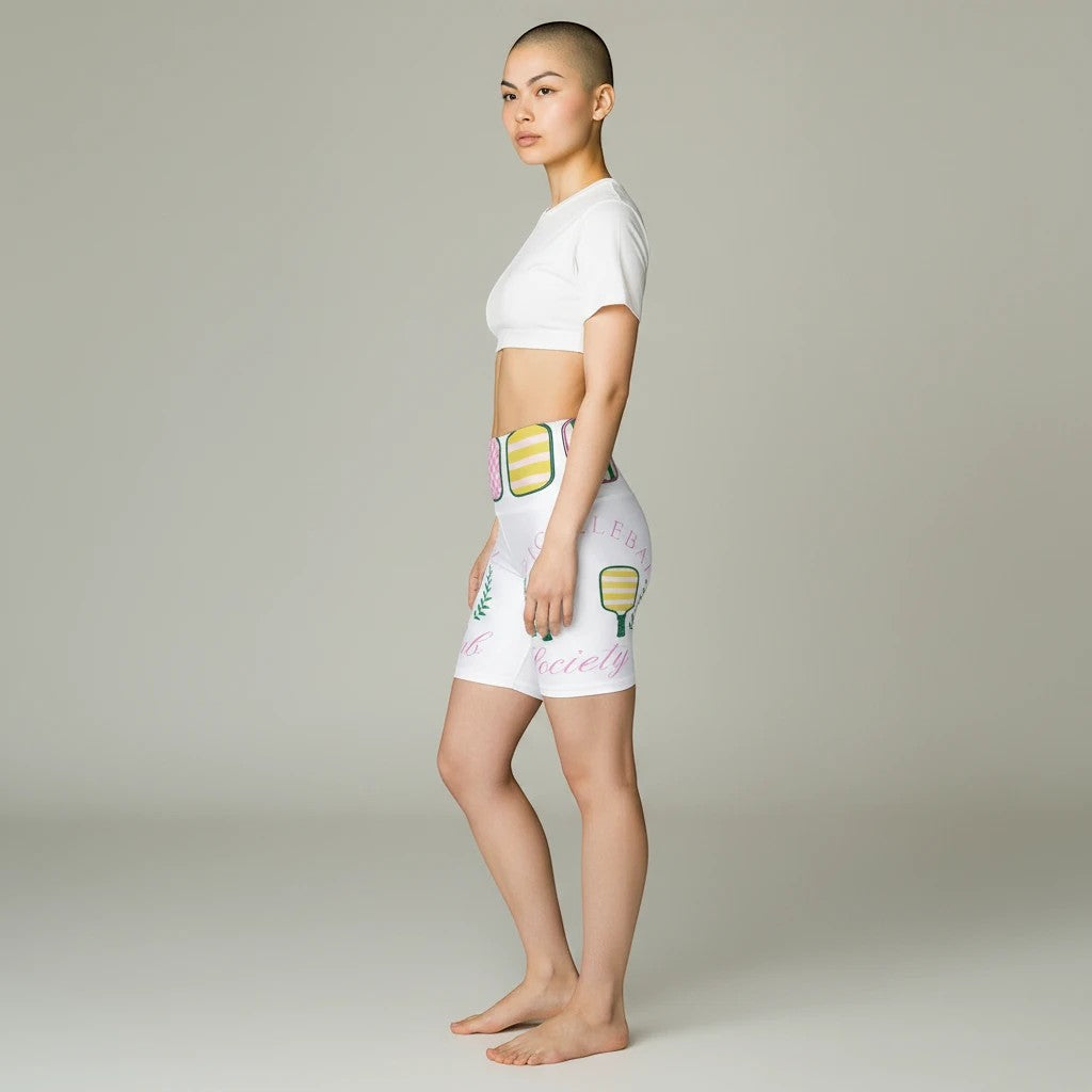 Sea Dragon Dreams women's white athletic shorts with pickleball print, featuring a high elastic waistband.