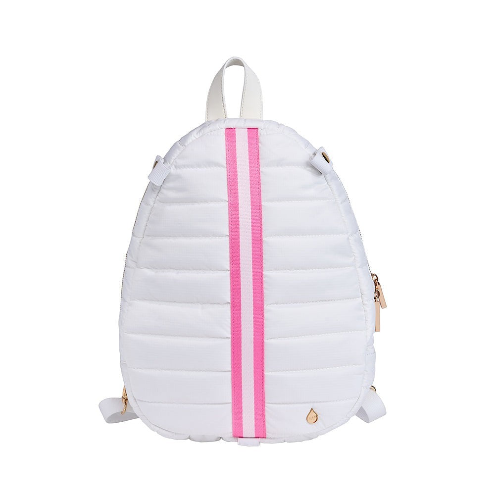 Sea Dragon Dreams white ripstop pickleball sling bag with pink stripes and gold hardware, shown from the back.