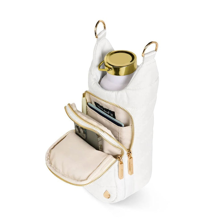 Sea Dragon Dreams white quilted ripstop HydroBag water bottle holder with gold hardware and open storage pockets.