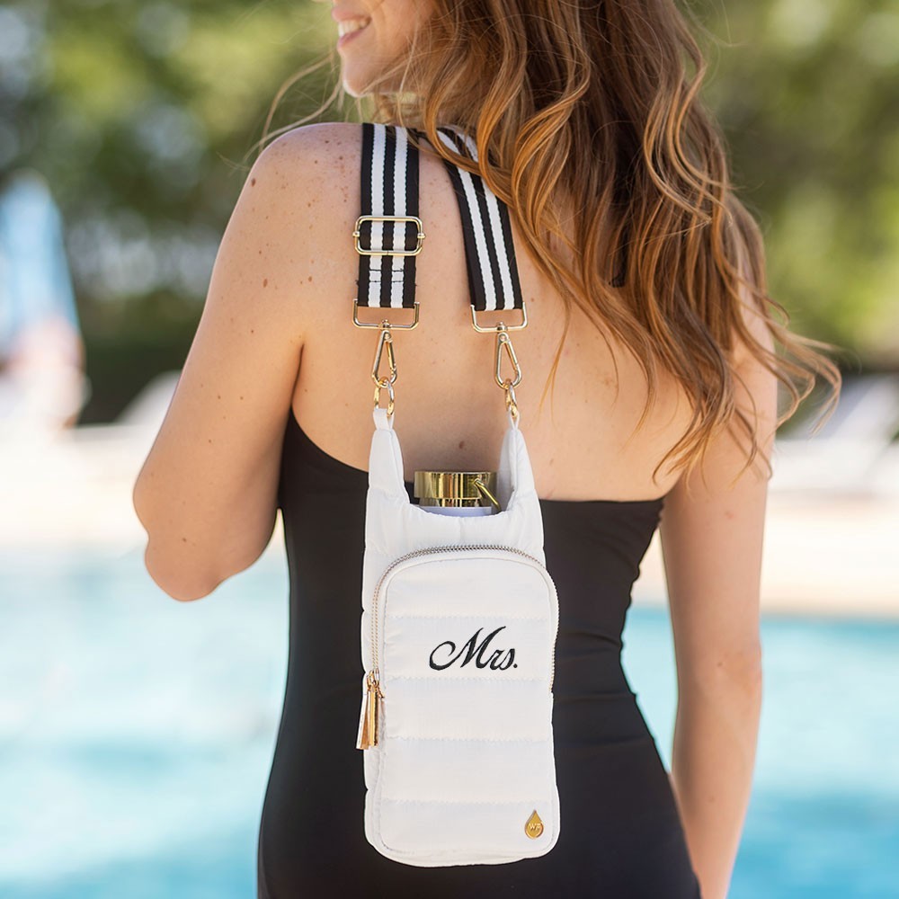 Sea Dragon Dreams white quilted HydroBag water bottle holder with Mrs embroidery and black and white striped strap