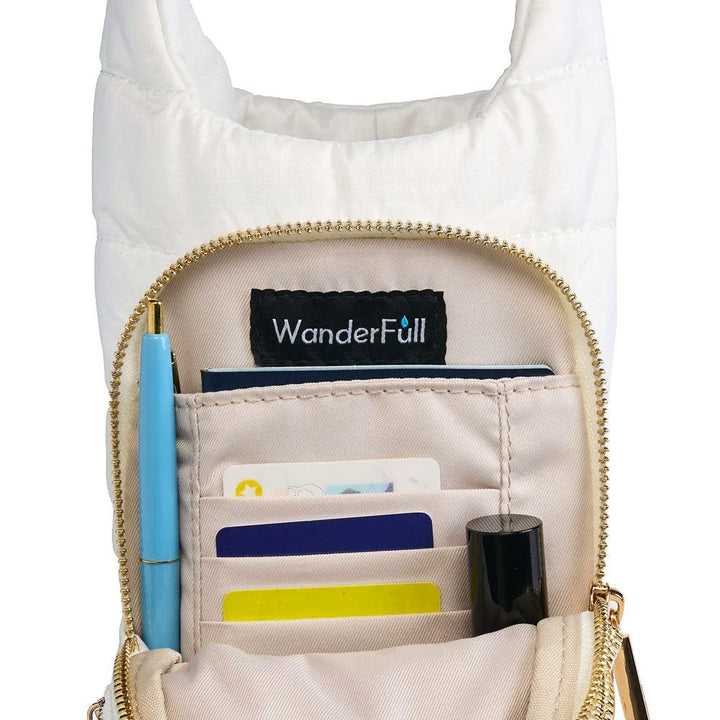 Sea Dragon Dreams white ripstop HydroBag water bottle holder with open zippered pockets showing card slots and pen