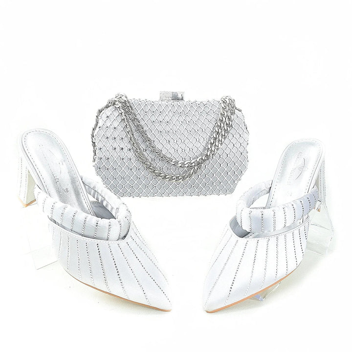 Sea Dragon Dreams white satin high-heel mules with pleated detail and matching mesh chain-strap clutch bag