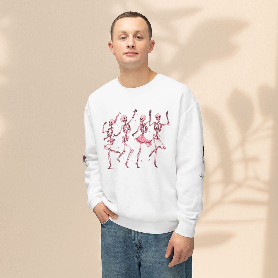 Sea Dragon Dreams white crewneck sweatshirt featuring a pink dancing skeletons graphic on a man in blue jeans.