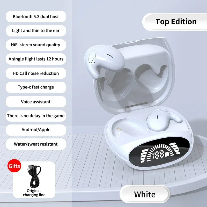 Sea Dragon Dreams white ultra-thin wireless sleep earbuds in a charging case with a digital battery display
