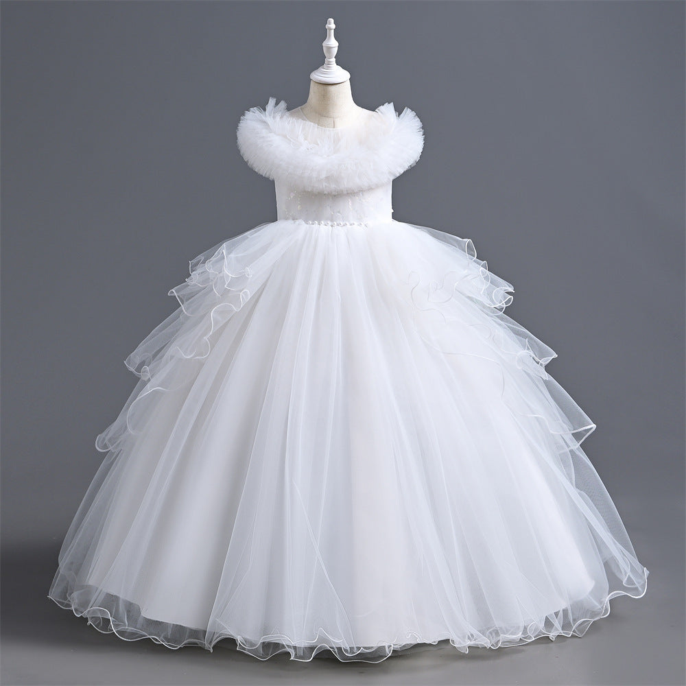 Sea Dragon Dreams white princess party dress with tulle ruffles and off-shoulder neckline for formal occasions