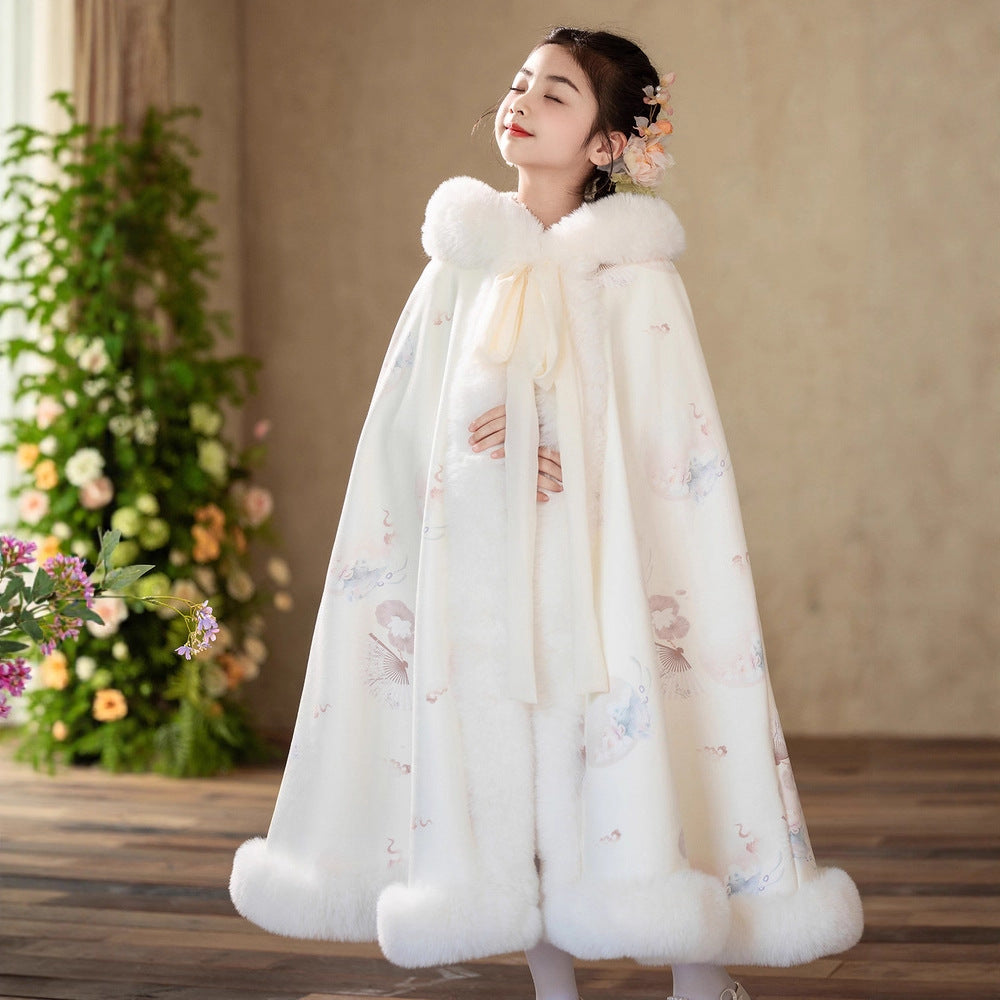 Sea Dragon Dreams girls white quilted velvet hooded cloak with faux fur trim for holidays and special occasions