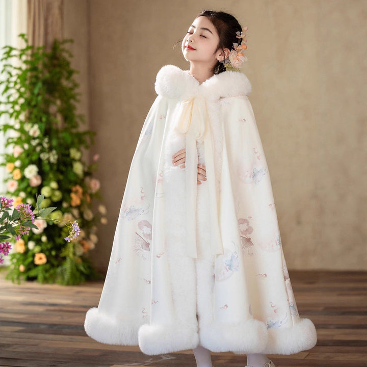 Sea Dragon Dreams girls white quilted velvet hooded cloak with faux fur trim for holidays and special occasions